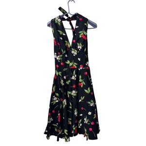 Maggie Tang Rockabilly Black Cherry Print Halter Rockabilly Dress L